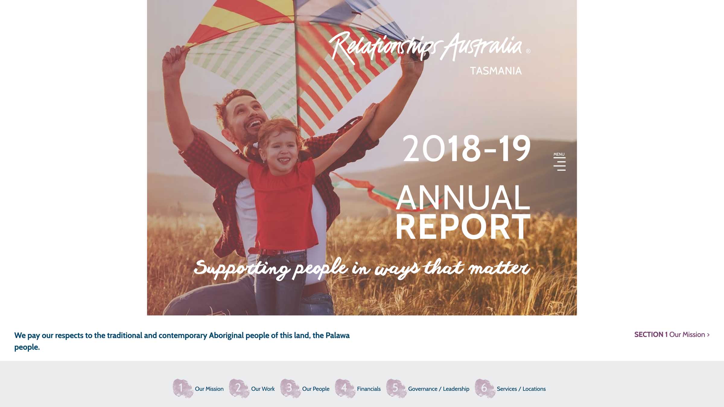 Screenshot of the Relationships Australia Tasmania Annual Report 2018-2019 project on a desktop computer