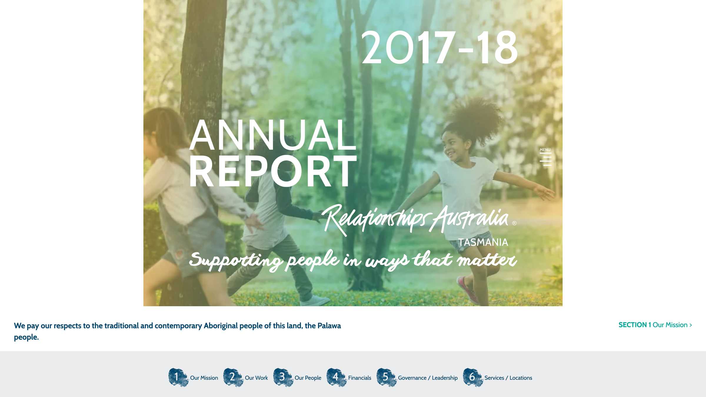 Screenshot of the Relationships Australia Tasmania Annual Report 2017-2018 project on a desktop computer