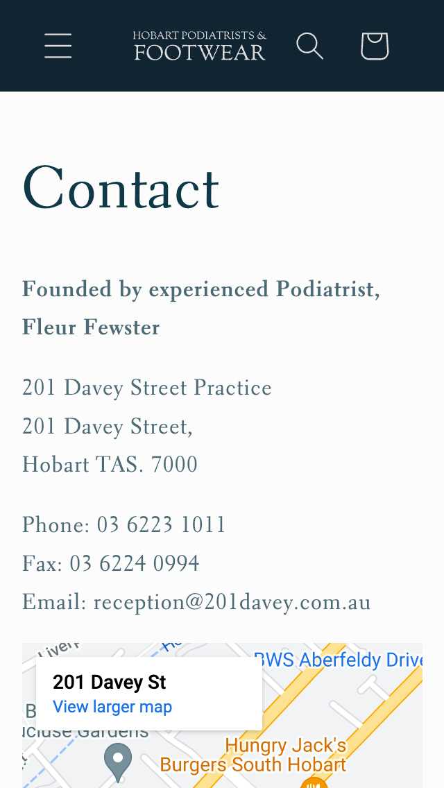 Screenshot of the Hobart Podiatrists & Footwear Shop project on a phone