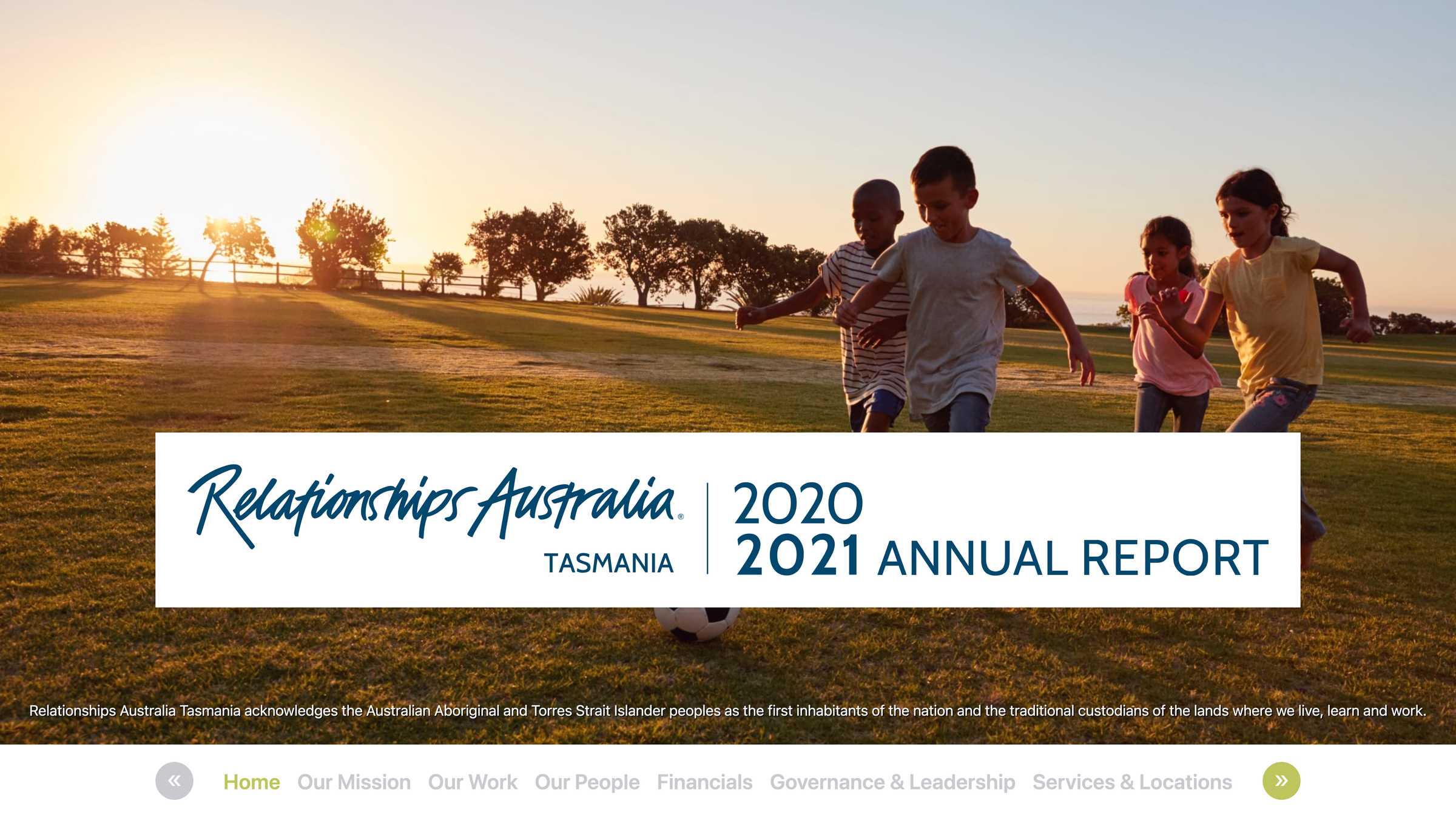 Screenshot of the Relationships Australia Tasmania Annual Report 2020-2021 project on a desktop computer